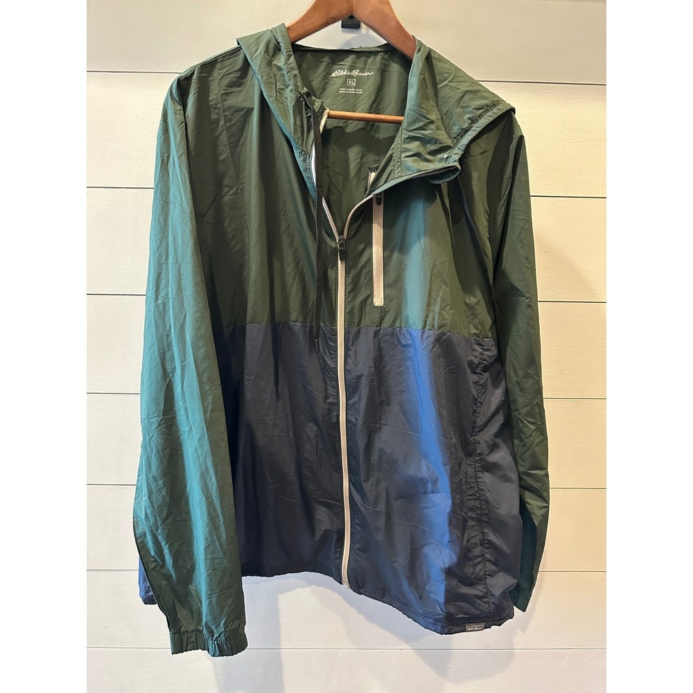 Eddie Bauer Mens XL Windbreaker Jacket Green Navy Blue Colorblock Full Zip